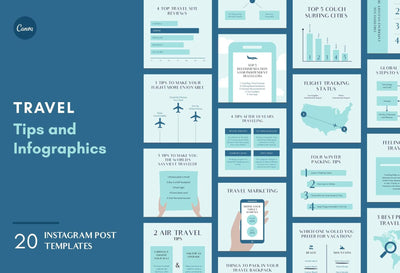 Ladystrategist 20 Travel Tips and Infographics - Instagram Engagement Posts - Fully Editable Canva Templates instagram canva templates social media templates etsy free canva templates
