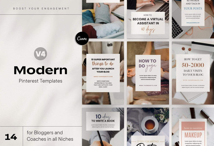 Ladystrategist 14 Modern Pinterest Templates for Bloggers and Coaches in All Industries - Editable Canva Template Pack 04 instagram canva templates social media templates etsy free canva templates