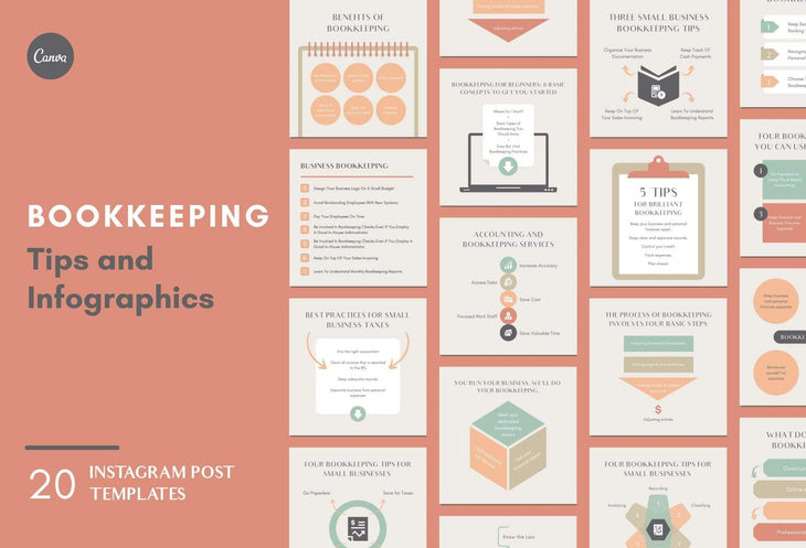 Ladystrategist 20 Bookkeeping Tips and Infographics - Instagram Engagement Posts - Fully Editable Canva Templates instagram canva templates social media templates etsy free canva templates