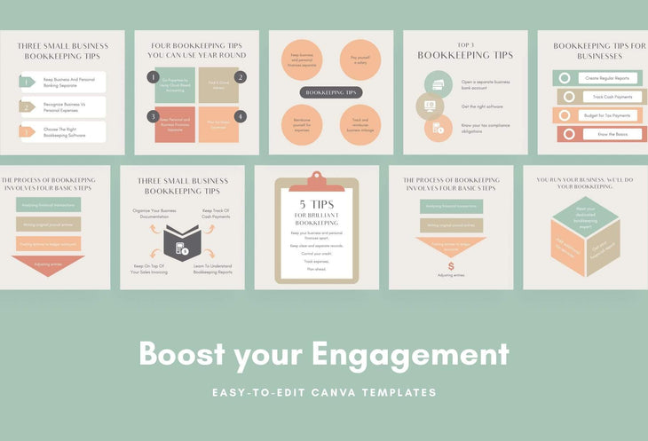 Ladystrategist 20 Bookkeeping Tips and Infographics - Instagram Engagement Posts - Fully Editable Canva Templates instagram canva templates social media templates etsy free canva templates