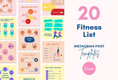 Ladystrategist 20 Fitness Lists Instagram Posts - Fully Editable Canva Templates instagram canva templates social media templates etsy free canva templates
