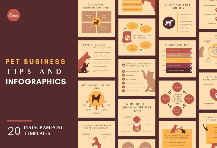 Ladystrategist 20 Pets Business Tips and Infographics - Instagram Engagement Posts - Fully Editable Canva Templates instagram canva templates social media templates etsy free canva templates