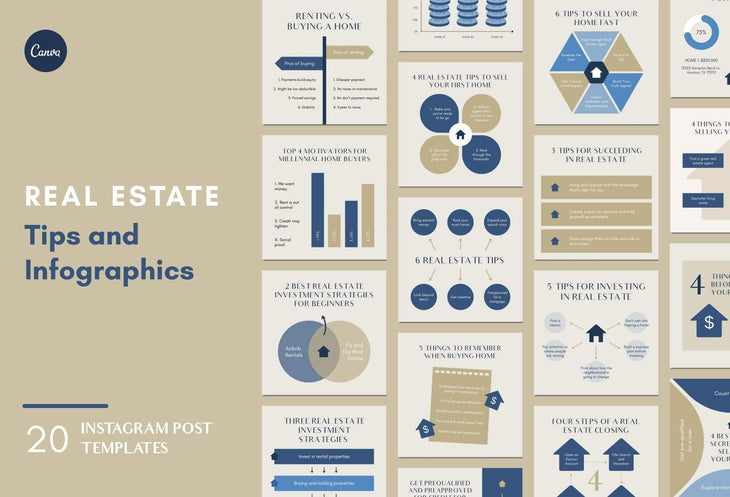 Ladystrategist 20 Real Estate Tips and Infographics - Instagram Engagement Posts - Fully Editable Canva Templates instagram canva templates social media templates etsy free canva templates