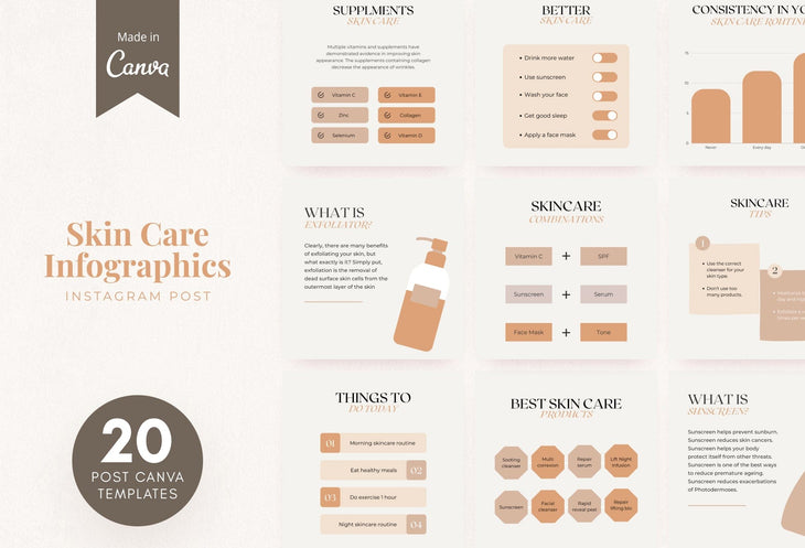 Ladystrategist 20 Skin Care Infographics Instagram Posts Fully Editable Canva Templates instagram canva templates social media templates etsy free canva templates