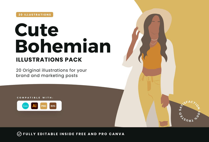 Ladystrategist 20 Unique Cute Bohemian Illustrations Fully Editable in Canva Pack 02 instagram canva templates social media templates etsy free canva templates