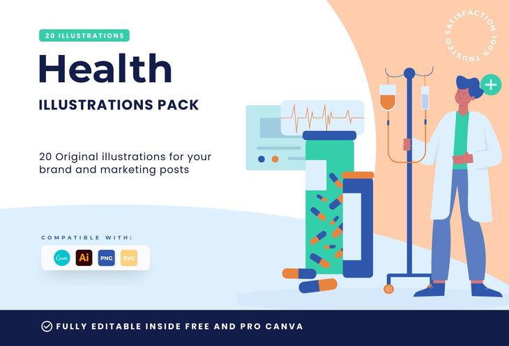 Ladystrategist 20 Unique Health Illustrations Fully Editable in Canva instagram canva templates social media templates etsy free canva templates
