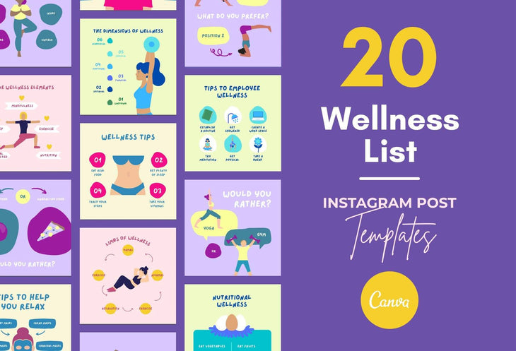 Ladystrategist 20 Wellness Lists Instagram Posts - Fully Editable Canva Templates instagram canva templates social media templates etsy free canva templates