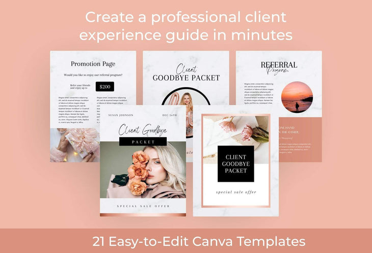Ladystrategist 21 Page Client Goodbye Packet for Coaches - Editable Canva Template Black Rose Gold Collection instagram canva templates social media templates etsy free canva templates