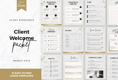 Ladystrategist 21 Page Client Welcome Packet for Coaches - Editable Canva Template Marble Gold Collection instagram canva templates social media templates etsy free canva templates