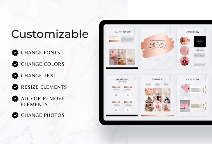 Ladystrategist 25 Page Service and Pricing Guide Editable Canva Template - Black Rose Gold Collection instagram canva templates social media templates etsy free canva templates