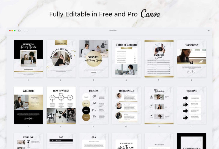 Ladystrategist 25 Page Service and Pricing Guide Editable Canva Template - Marble Gold Collection instagram canva templates social media templates etsy free canva templates