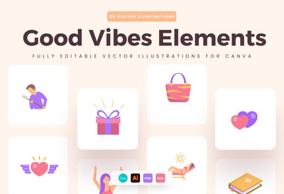 Ladystrategist 50 Unique Good Vibes Elements Illustrations Fully Editable in Canva instagram canva templates social media templates etsy free canva templates