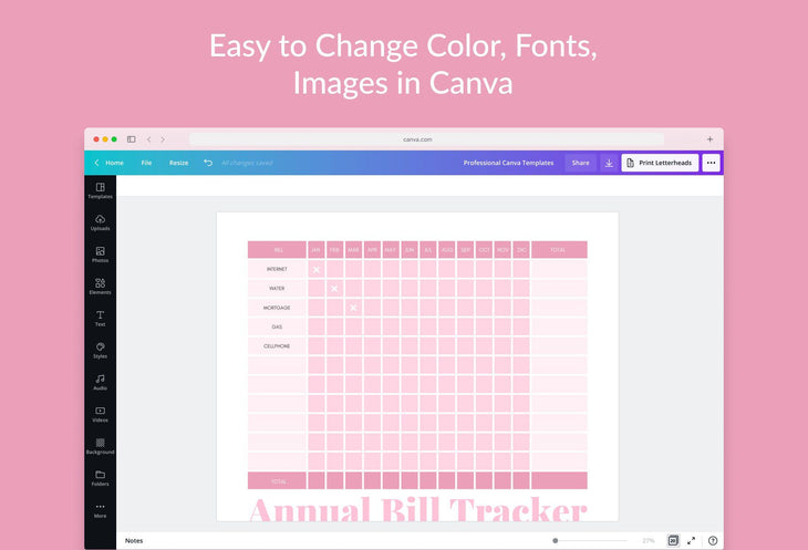 Ladystrategist Cameo Pink Annual Bill Tracker Printable and Editable Canva Template instagram canva templates social media templates etsy free canva templates