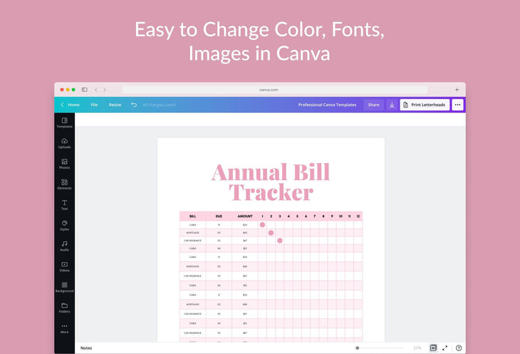 Ladystrategist Chinese Pink Annual Bill Tracker Printable and Editable Canva Template instagram canva templates social media templates etsy free canva templates