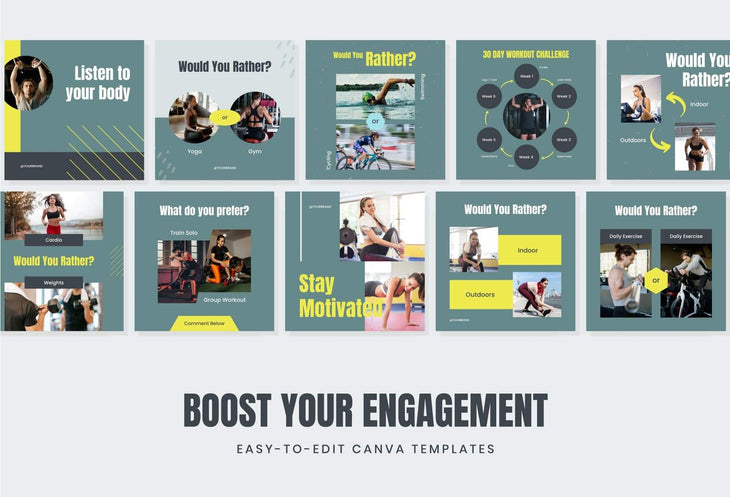 Ladystrategist FITNESS DARK CYAN - 97 Done-for-You Fitness Instagram Posts - Fully Editable Canva Templates instagram canva templates social media templates etsy free canva templates