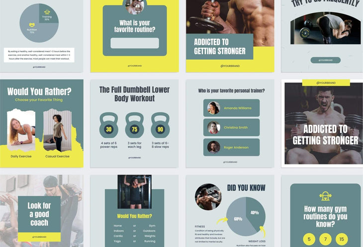 Ladystrategist FITNESS DARK CYAN - 97 Done-for-You Fitness Instagram Posts - Fully Editable Canva Templates instagram canva templates social media templates etsy free canva templates