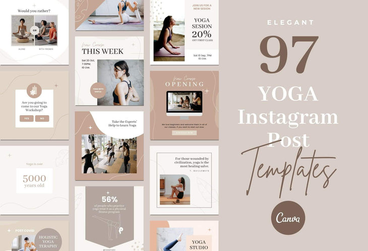 Ladystrategist YOGA Elegant - 97 Done-for-You Yoga Instagram Posts - Fully Editable Canva Templates instagram canva templates social media templates etsy free canva templates