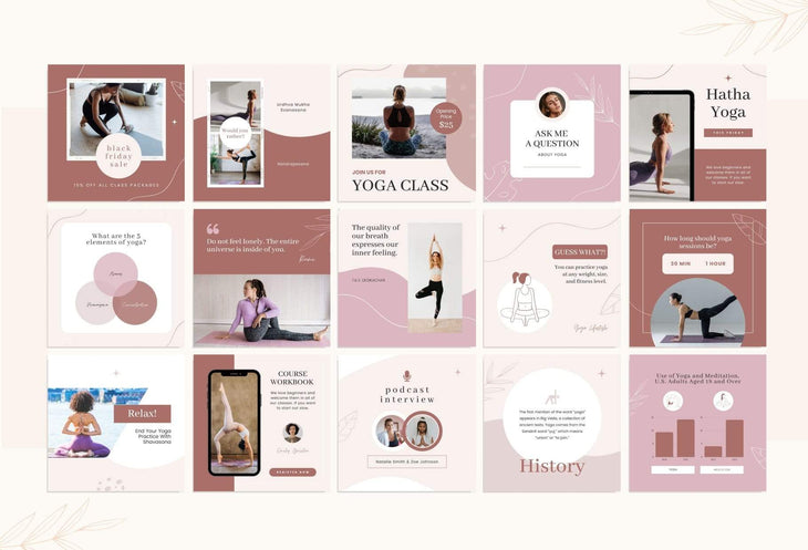 Ladystrategist YOGA Rose - 97 Done-for-You Yoga Instagram Posts - Fully Editable Canva Templates instagram canva templates social media templates etsy free canva templates